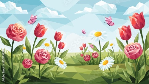Whimsical Geometric Spring Meadow Blooming Flowers and Playful Butterflies