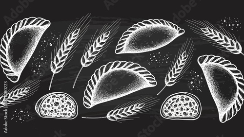 Delicious baked empanadas and wheat ears on a blackboard