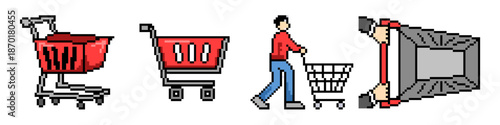 Set of pixel shopping cart vector for online stores. Ideal for checkout buttons, trolley icons, market games, and retro 8-bit retail art.