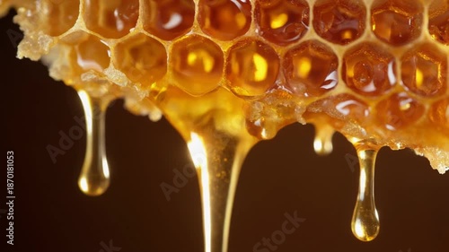 Golden Nectar Flow: A close-up shot captures the exquisite beauty of golden honey cascading from a natural honeycomb, dripping with liquid gold.