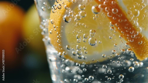 Refreshing Citrus Delight: A close-up view of a glass of sparkling water infused with fresh lemon slices, capturing the refreshing essence of a cool, bubbly drink.