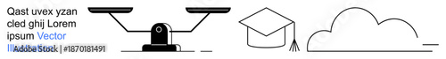 Education systems, legal balance, cloud computing, knowledge storage, academic success, data sharing. Line art scales, a graduation cap and a cloud. Education and legal balance concept