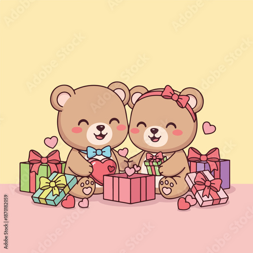 Cute cartoon bears exchanging Valentine s Day gifts