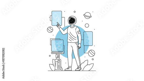 Astronaut Standing with Tablet and Monitor.