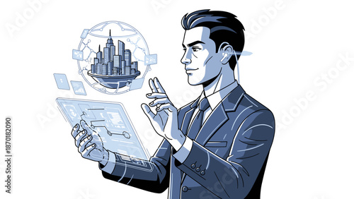 Businessman interacting with digital cityscape interface.