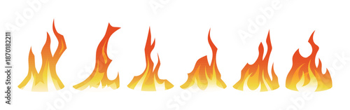 Fire animation sprite frame. Flame movement sequence for videos, games. 2d vector cartoon set for burning cooking fire, candle, torch, bonfire, campfire. Illustration isolated on white background.