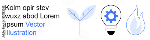 Sustainability, innovation, energy conservation, nature, technology, creative solutions. An abstract leaf, light bulb with gear and flame. Sustainability and innovation through visuals