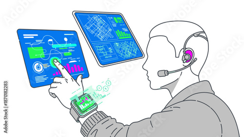 Man Wearing Headset Using Digital Tablet.