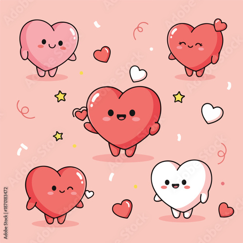 Cute cartoon heart characters with confetti and stars on pink background