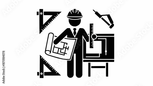 Architectural Engineer Holding Blueprint and Tools.