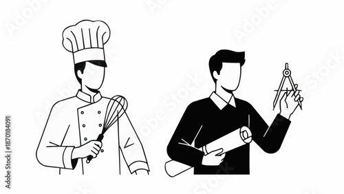 Chef holding a whisk and an architect holding a compass and blueprints.