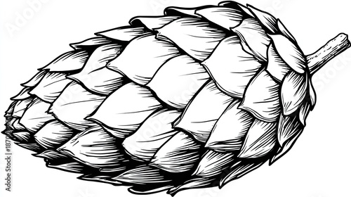 Detailed line drawing depicts a single botanical item composed of overlapping bracts attached to a short stem