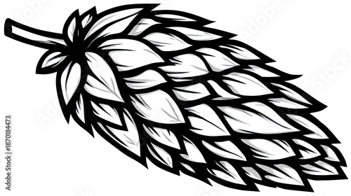 Stylized black and white depiction of a mature hop cone ready for harvest