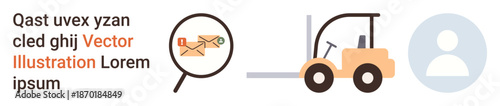 Logistics, communication, email services, delivery tracking, business operations, identity management. Image of a forklift, magnifying glass on an envelope and a user profile icon. Logistics