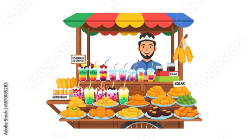 A cheerful vendor at a colorful street food stall with a variety of snacks and drinks