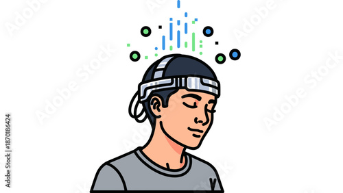 Man with Futuristic Headband and Data Streams.