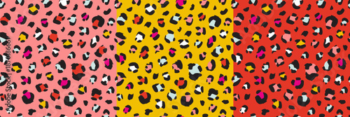 Seamless leopard pattern with bright pink yellow and red spots set. Cute animal print design perfect for trendy fashion textiles and girly party decorations.