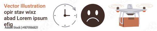 Delivery issues, time management, logistics, emotions, shipping, frustration. A clock, sad face and quadcopter with a package. Delivery issues and time management illustrated through symbols
