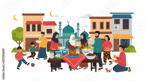 Vibrant community gathering outdoors, sharing food and joy during a festive celebration in a diverse neighborhood with families and friends