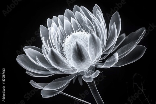 Intricate translucent flower illuminated in white against a black background, showcasing delicate petals and detailed stamens with a soft ethereal glow