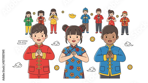 Diverse group of people in traditional attire praying together in a cultural celebration