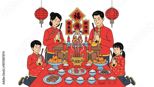Family Gathering around Table with Traditional Food and Decorations during Cultural Celebration