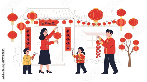 Family Celebrating Lunar New Year with Traditional Decorations and Outfits