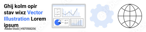 Desktop chart analysis, gear for settings and innovation, globe for global reach. Ideal for technology, business growth, strategy, analytics, globalization, software optimization simple landing page