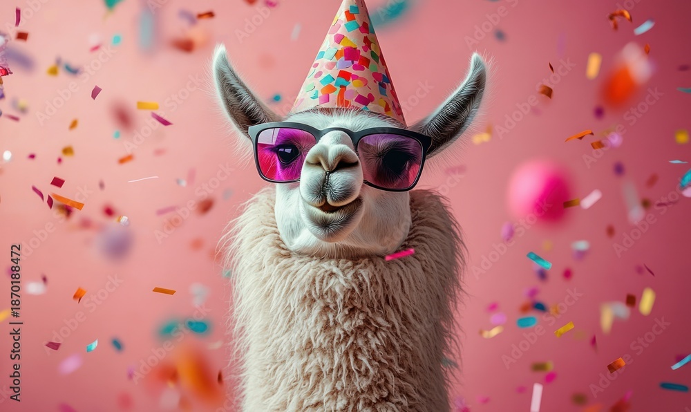 Naklejka premium Fluffy llama in a colorful party hat and pink sunglasses surrounded by falling confetti on a pink background, joyful and playful celebratory expression