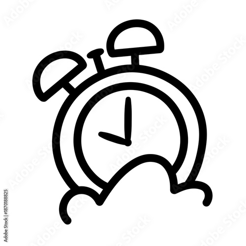 Simple alarm clock icon with thick black lines on a white background. Represents time management, reminders, notifications, and punctuality.
