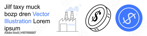 Financial transactions, investment, economy, industry, currency, capital. Factory chimneys with smoke, coin icon and blue currency symbol. Economy and financial transactions