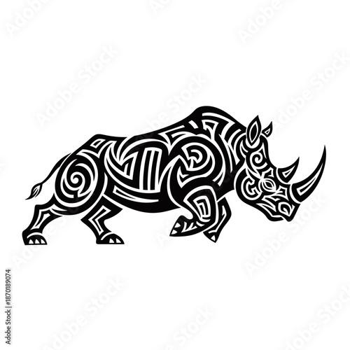 A striking black and white tribal tattoo design of a rhinoceros with intricate swirling patterns.