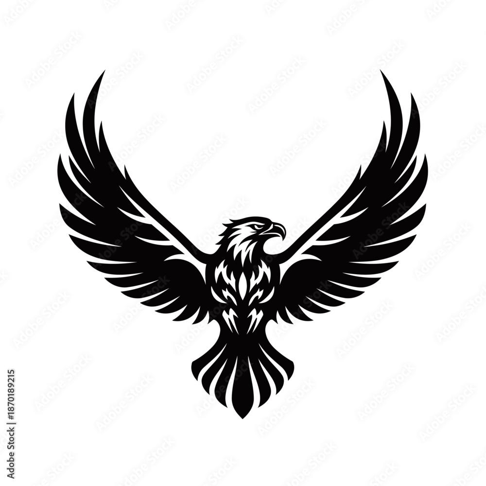 Obraz premium Majestic black eagle with powerful spread wings, showcasing intricate feather details and a fierce gaze, isolated on a white background.