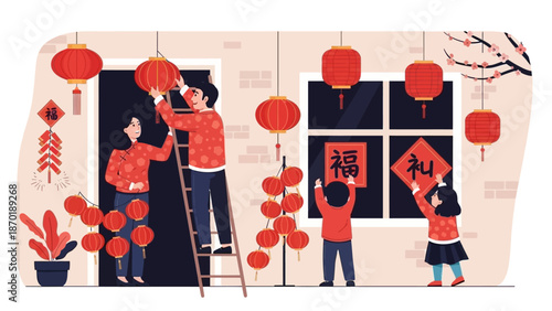 Family decorating house with red lanterns and calligraphy for celebration