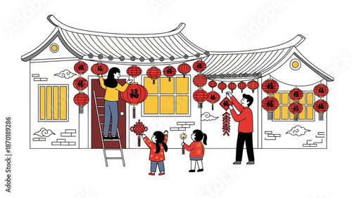 People decorating a traditional Asian-style building with red lanterns for a festive celebration
