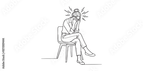 Migraine and Headache Concept. Minimal Continuous Line Art of Stressed Woman Sitting on Chair with Pain Symbols.