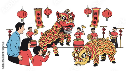 Vibrant lion dance performance during Chinese New Year celebration in a festive cultural setting