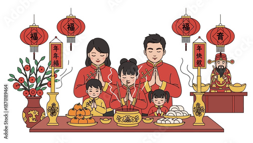 Asian family celebrating Lunar New Year together with traditional food and decorations