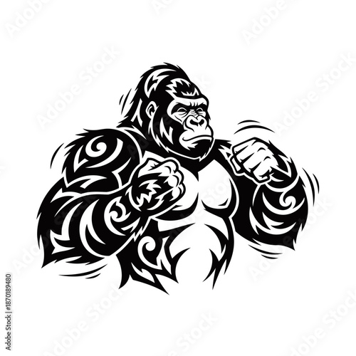 Stylized black and white illustration of a powerful gorilla with tribal patterns, clenched fists, and an aggressive stance.