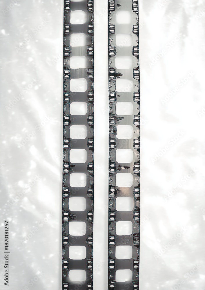 Obraz premium Two vertical vintage film strips with sprocket holes and blank square frames on a bright textured background, evoking nostalgic minimalism