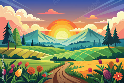 Vibrant Sunset Landscape with Green Hills, Mountains and Winding Path Vector Illustration