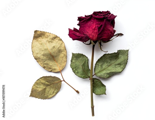 Dried rose and leaves on white