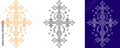 Ornate sacred geometry cross symbol set in gold, silver, and dark blue, mystical vector ornament.