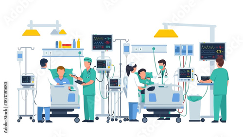 Medical professionals caring for patients in an intensive care unit.