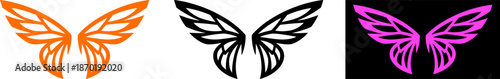 Butterfly wing logo set in orange, black, and purple, elegant symmetrical insect vector design.