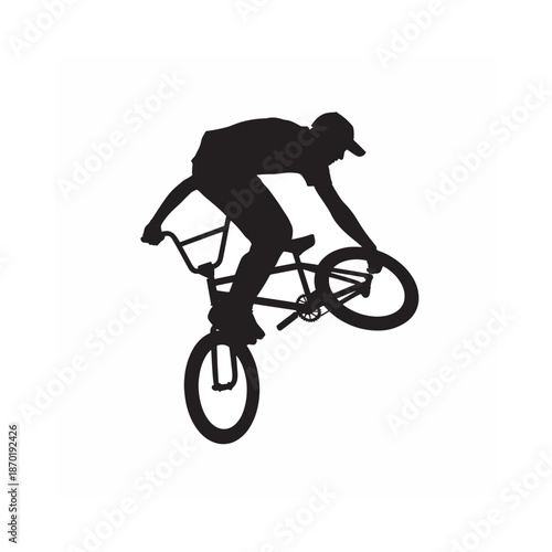 Silhouette of a bmx rider performing an aerial trick mid air against a white background
