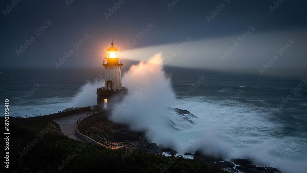 Fototapeta premium Lighthouse Hit by Stormy Sea Waves at Night.