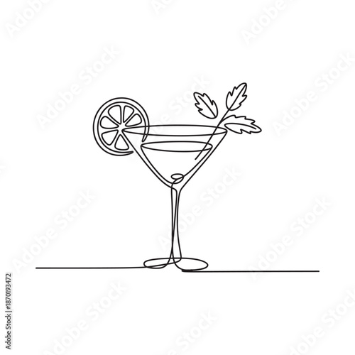 Elegant minimalist line drawing of a cocktail glass with citrus and garnish