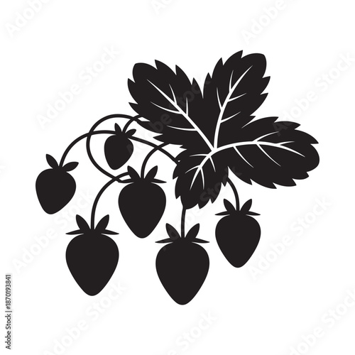 A black silhouette illustration of a strawberry plant with leaves and fruit