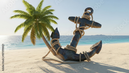 Rustic anchor on serene beach with palm tree by ocean